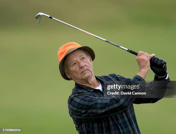 Bill Murray the American movie actor plays a shot on the seventh hole during Day Two of the Alfred Dunhill Links Championship on the Kingsbarns Links...