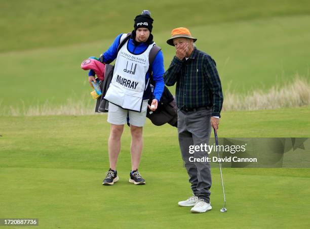 Bill Murray the American movie actor prepares to putt on the seventh hole during Day Two of the Alfred Dunhill Links Championship on the Kingsbarns...