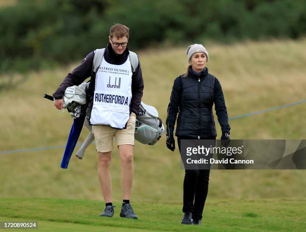 Angie Rutherford of England the wife of Mike Rutherford formerly of the band Genesis walks to her second shot on the ninth hole during Day Two of the...