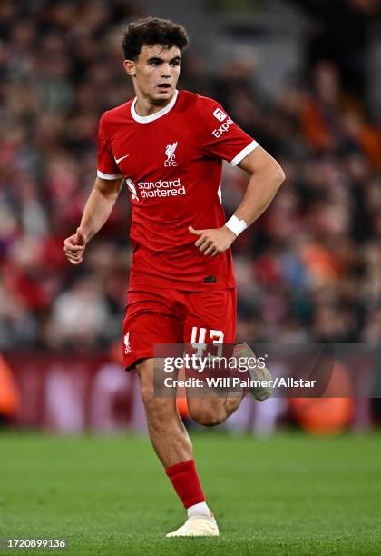 Stefan Bajcetic of Liverpool running during the Carabao Cup Third Round match between Liverpool FC and Leicester City at Anfield on September 27,...