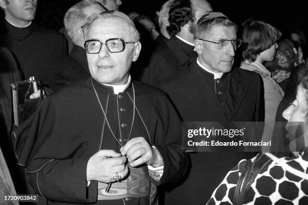 View of Cardinal Ugo Poletti, with others, as he attends an event , Rome, Italy, April 13, 1978.