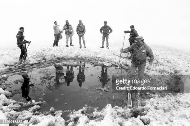 View of Italian security forces as they search at Lago della Duchessa in the Abruzzi Mountains, Rieti, Italy, April 19, 1978. Following the statement...
