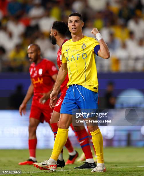 Cristiano Ronaldo of Al-Nassr Club reacts during the Saudi Pro League match between Al-Nassr and Abha at King Saud University Stadium on October 06,...