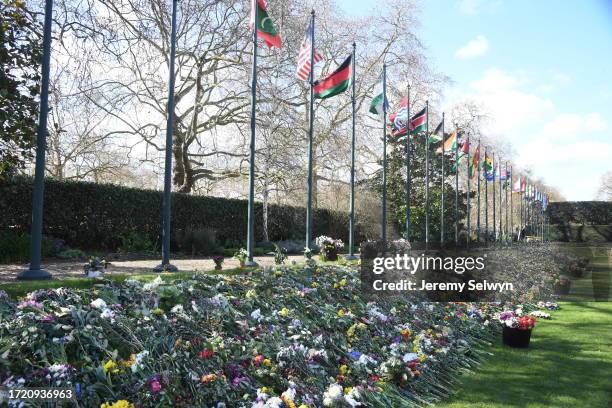 Public Tributes To Prince Philip, The Duke Of Edinburgh, Inside The Gardens Of Marlborough House, London. Prince Charles And Camilla, The Duchess Of...