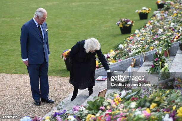 Prince Charles And Camilla, The Duchess Of Cornwall, Looking At Floral Tributes To Prince Philip, The Duke Of Edinburgh, Inside The Gardens Of...