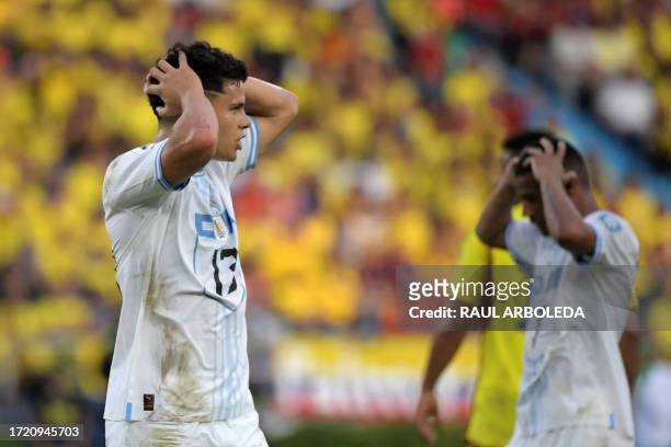 Uruguay's midfielder Maximiliano Araujo reacts after missing a goal opportunity during the 2026 FIFA World Cup South American qualification football...