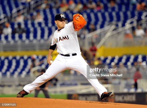 Jose Fernandez of the Miami Marlins delivers a pitch during the first inning against the San Diego Padres at Marlins Park on July 1, 2013 in Miami,...