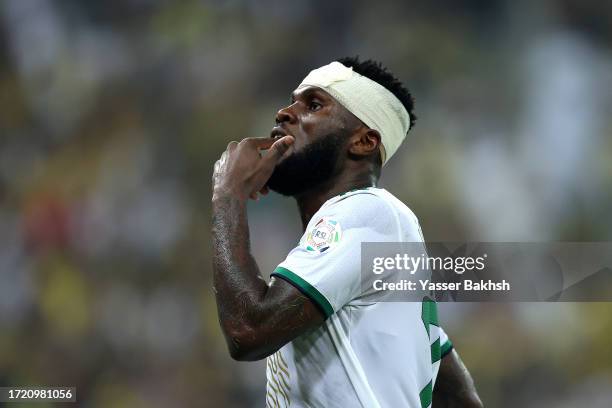 Franck Kessie of Al-Ahli celebrates after scoring the team's first goal during the Saudi Pro League match between Al-Ittihad and Al-Ahli at King...