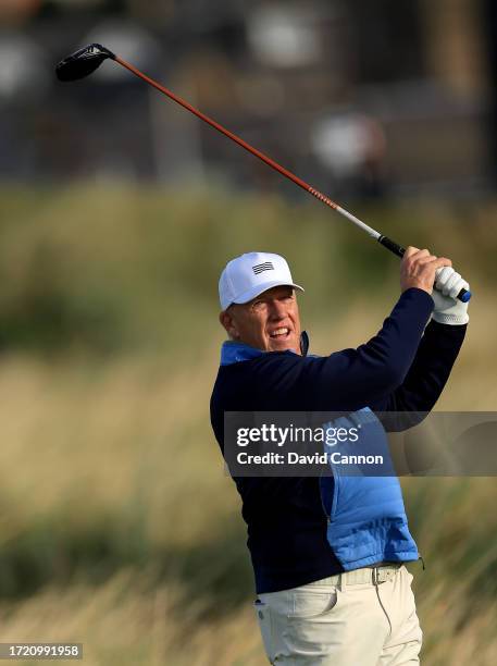 John Elway of The United States the former San Francisco 49ers quarterback plays a shot during Day Two of the Alfred Dunhill Links Championship on...