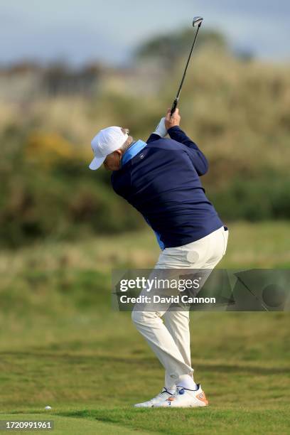 John Elway of The United States the former San Francisco 49ers quarterback plays a shot during Day Two of the Alfred Dunhill Links Championship on...