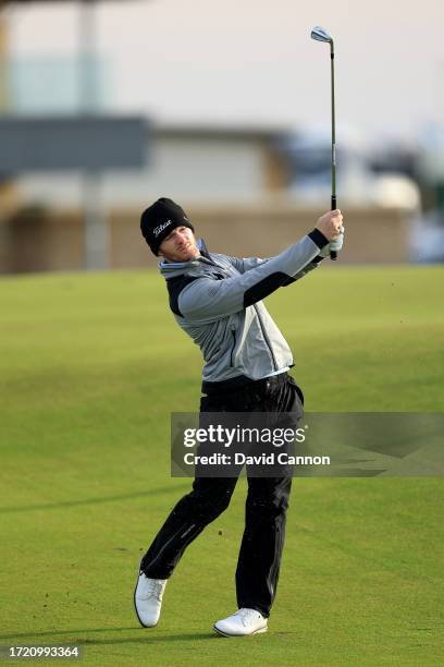Laird Shepherd of Scotland plays his second shot on the first hole during Day Two of the Alfred Dunhill Links Championship on the Championship Links...