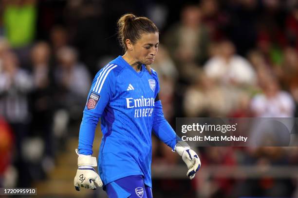 Sabrina D'Angelo of Arsenal reacts after miss-hitting the ball leading to a goal for Manchester United scored by Leah Galton of Manchester United...