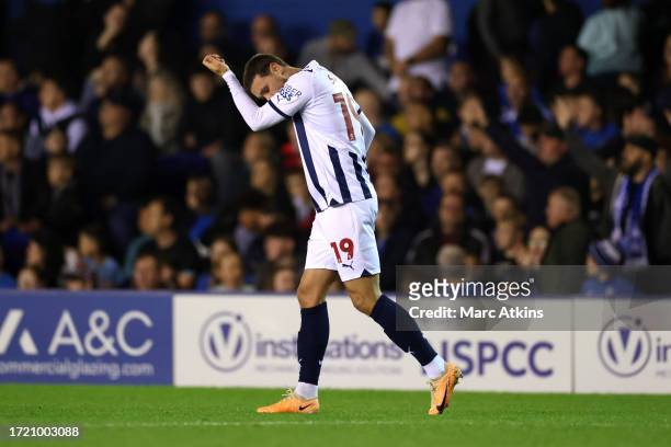 John Swift of West Bromwich Albion celebrates after scoring the team's first goal during the Sky Bet Championship match between Birmingham City and...