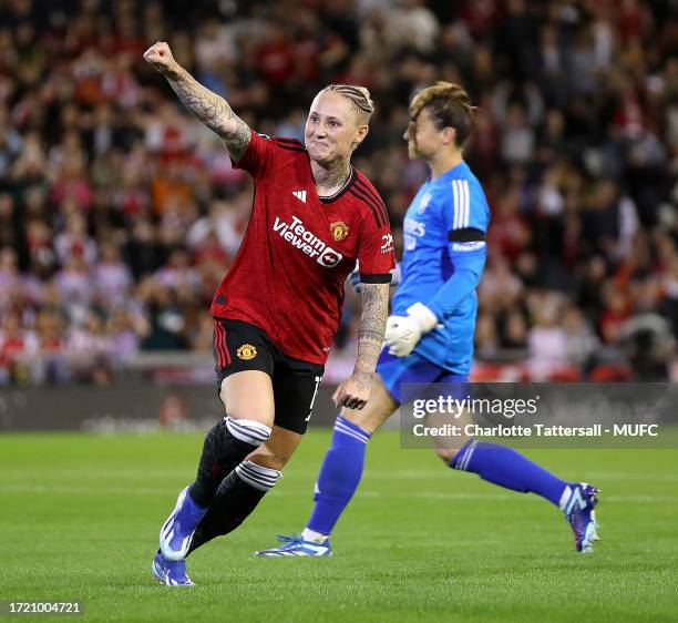 Leah Galton of Manchester United Women celebrates scoring their first goal during the Barclays Women´s Super League match between Manchester United...