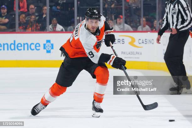 Garnet Hathaway of the Philadelphia Flyers controls the puck in the preseason game against the New York Islanders at the Wells Fargo Center on...