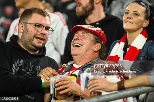 Fans of Duesseldorf during the Second Bundesliga match between Fortuna Düsseldorf and VfL Osnabrück at Merkur Spiel-Arena on October 06, 2023 in...