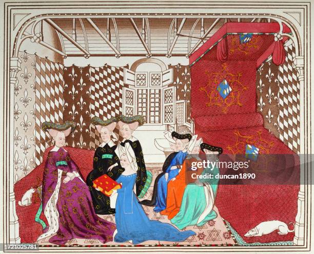 christine de pizan or pisan presenting her book to the queen of france, medieval female author, history - isabeau of bavaria stock illustrations