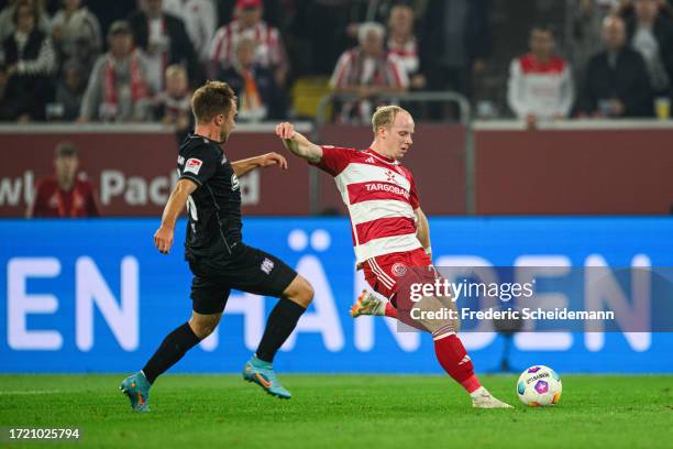 Dennis Jastrzembski of Duesseldorf reacts during the Second Bundesliga match between Fortuna Düsseldorf and VfL Osnabrück at Merkur Spiel-Arena on...