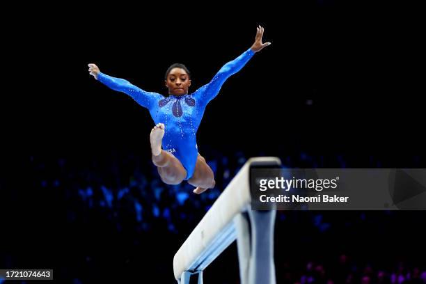 Simone Biles of Team United States competes on Balance Beam during the Women's All Around Final on Day Seven of the 2023 Artistic Gymnastics World...