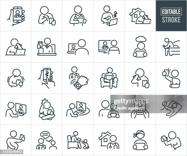 telehealth and virtual health care thin line icons - editable stroke - doctor house call child stock illustrations