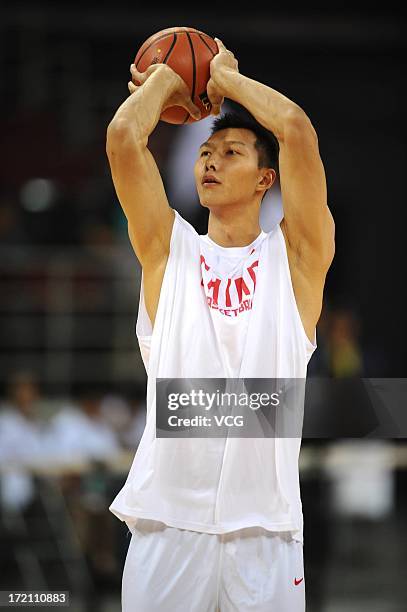 Yi Jianlian of China shoots the ball prior to the 2013 Yao Foundation Charity Game between China and the NBA Stars at MasterCard Center on July 1,...