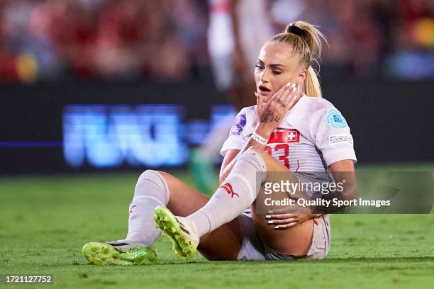 Alisha Lehmann of Switzerland reacts during the UEFA Womens Nations League match between Spain and Switzerland at Estadio Nuevo Arcangel on September...