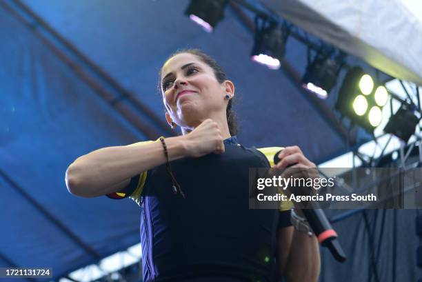 Luisa Gonzalez presidential candidate for Revolucion Ciudadana coalition takes part in a campaign closing rally on October 12, 2023 in Guayaquil,...