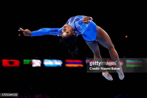 Simone Biles of Team United States competes on Floor Exercise during the Women's All Around Final on Day Seven of the 2023 Artistic Gymnastics World...