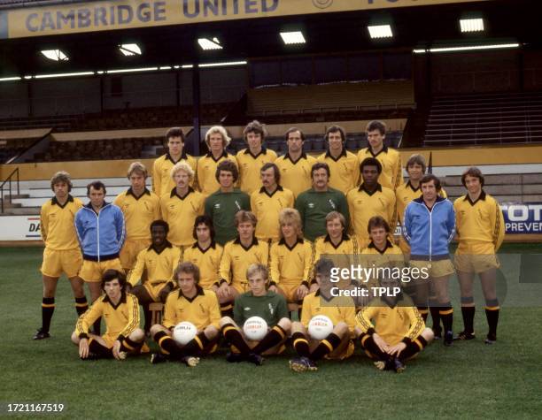Team portrait of Cambridge United F.C.: Jamie Murray, Ian Buckley, Mel Brown, Tom Finney, Peter Graham, Nigel Smith, John Clarke, unidentified man,...