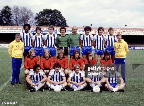 Team photo of Colchester United F.C.: manager Bobby Roberts, Trevor Lee, Bobby Hodge, Steve Wignall, Bobby Hamilton, Mike Walker, Steve Dowman, Steve...