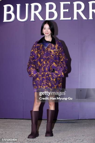 Model Irene Kim attends a photocall for the 'BURBERRY Seongsu Rose' pop-up store opening on October 06, 2023 in Seoul, South Korea.