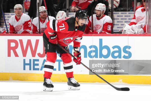 Jonas Siegenthaler of the New Jersey Devils skates during the first period in the game against the Detroit Red Wings on October 12, 2023 at the...
