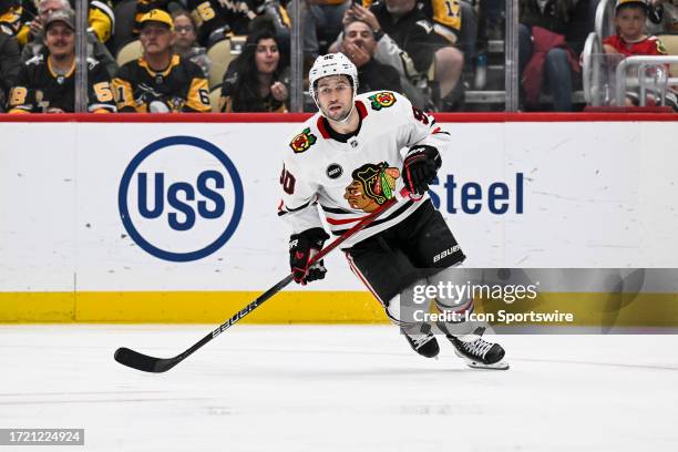 Chicago Blackhawks center Tyler Johnson skates during the third period in the NHL game between the Pittsburgh Penguins and the Chicago Blackhawks on...