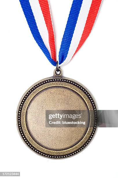 gold medal award on red, white and blue ribbon - red white and blue ribbon stockfoto's en -beelden