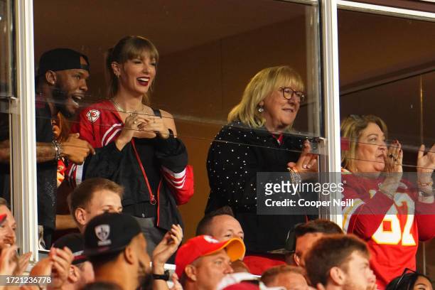 Taylor Swift watches the Kansas City Chiefs play the Denver Broncos at GEHA Field at Arrowhead Stadium on October 12, 2023 in Kansas City, Missouri.