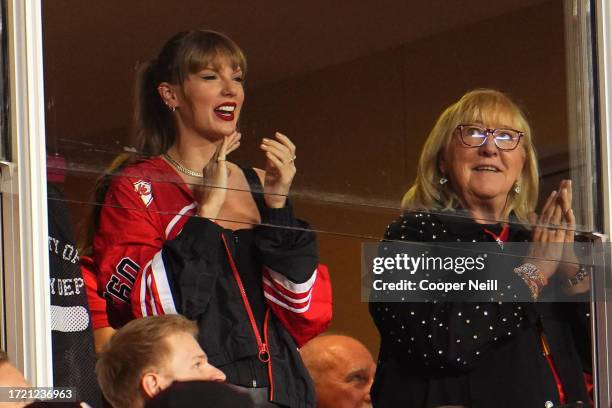 Taylor Swift watches the Kansas City Chiefs play the Denver Broncos at GEHA Field at Arrowhead Stadium on October 12, 2023 in Kansas City, Missouri.