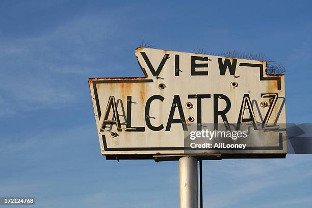 rusted view alcatraz sign with blue sky in background - escape from alcatraz stock pictures, royalty-free photos & images