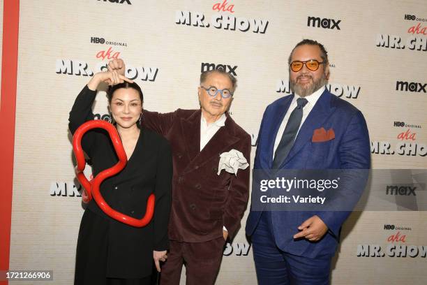 China Chow, Michael M Chow and Maximillian Chow at the aka MR. CHOW Film Premiere at The Museum of Modern Art on October 12, 2023 in New York City,...