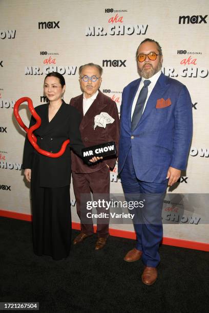 China Chow, Michael M Chow and Maximillian Chow at the aka MR. CHOW Film Premiere at The Museum of Modern Art on October 12, 2023 in New York City,...