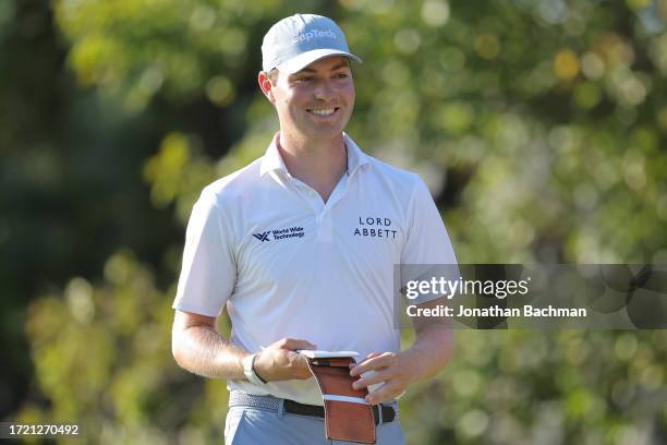 Ben Griffin of the United States celebrates an eagle on the 14th green during the second round of the Sanderson Farms Championship at The Country...