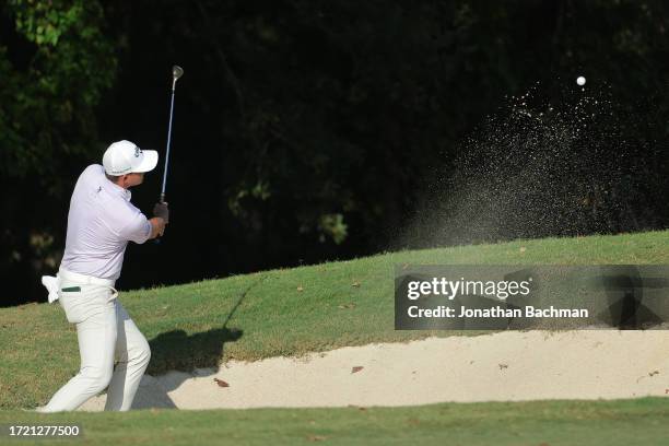 Christiaan Bezuidenhout of South Africa plays a shot from a bunker on the 14th hole during the second round of the Sanderson Farms Championship at...