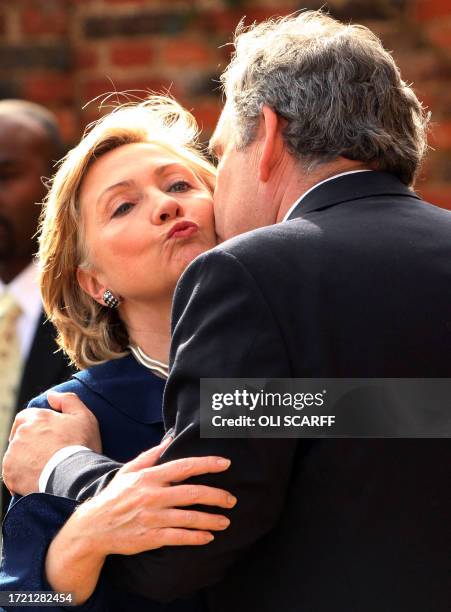 British Prime Minister Gordon Brown greets US Secretary of State Hillary Clinton at Chequers, the prime minister's official country residence, on...