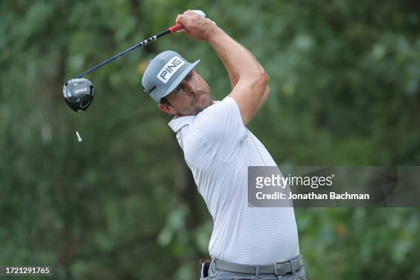 Scott Harrington of the United States plays his shot from the 14th tee during the second round of the Sanderson Farms Championship at The Country...