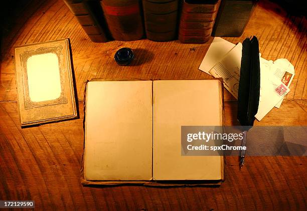 antique desktop interface starter kit - blank book on desk stock pictures, royalty-free photos & images