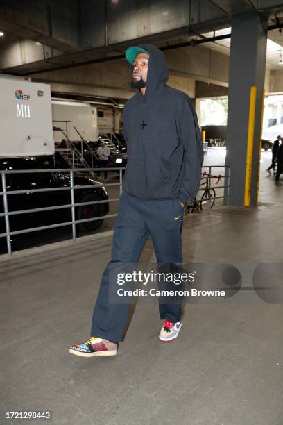 Kevin Durant of the Phoenix Suns arrives to the arena before the preseason game on October 12, 2023 at the Moda Center Arena in Portland, Oregon....