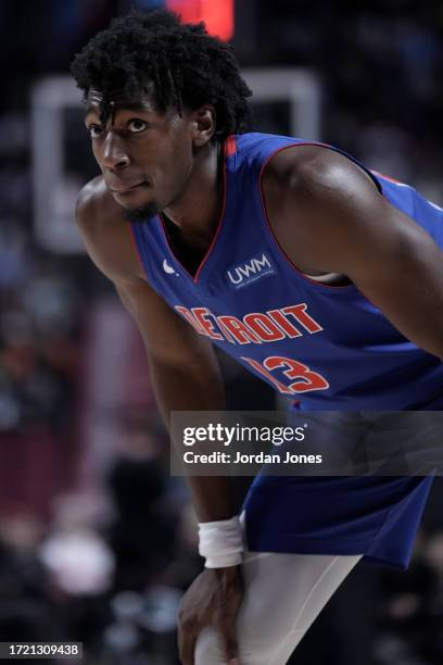 James Wiseman of the Detroit Pistons looks on during the game against the Oklahoma City Thunder on October 12, 2023 at the Bell Centre in Montreal,...