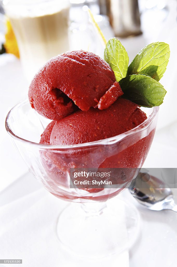 Strawberry sorbet in a glass bowl