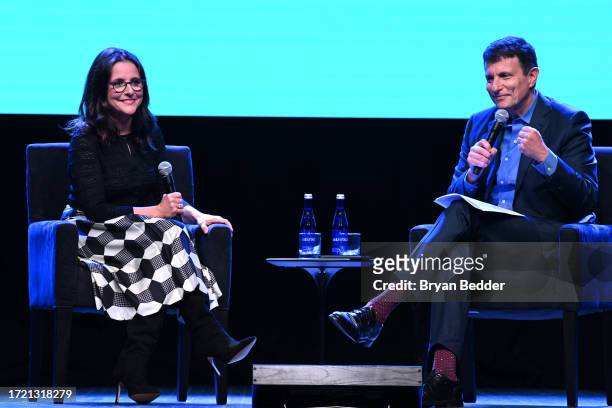 Julia Louis-Dreyfus and David Remnick speak onstage during The 2023 New Yorker Festival at Webster Hall on October 06, 2023 in New York City.