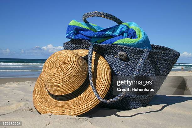 beach party hat and bag - tote bag stock pictures, royalty-free photos & images