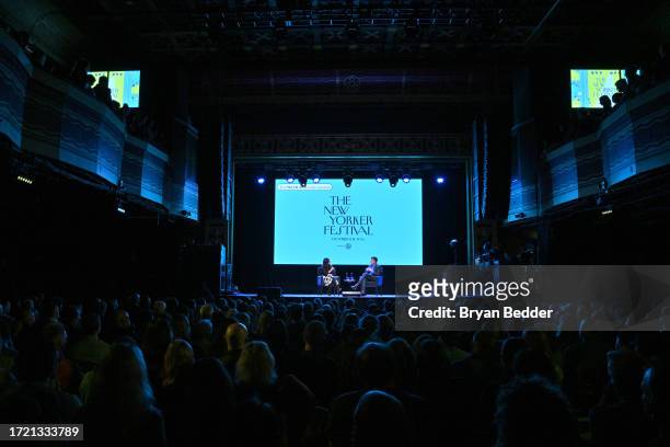 Julia Louis-Dreyfus and David Remnick speak onstage during The 2023 New Yorker Festival at Webster Hall on October 06, 2023 in New York City.
